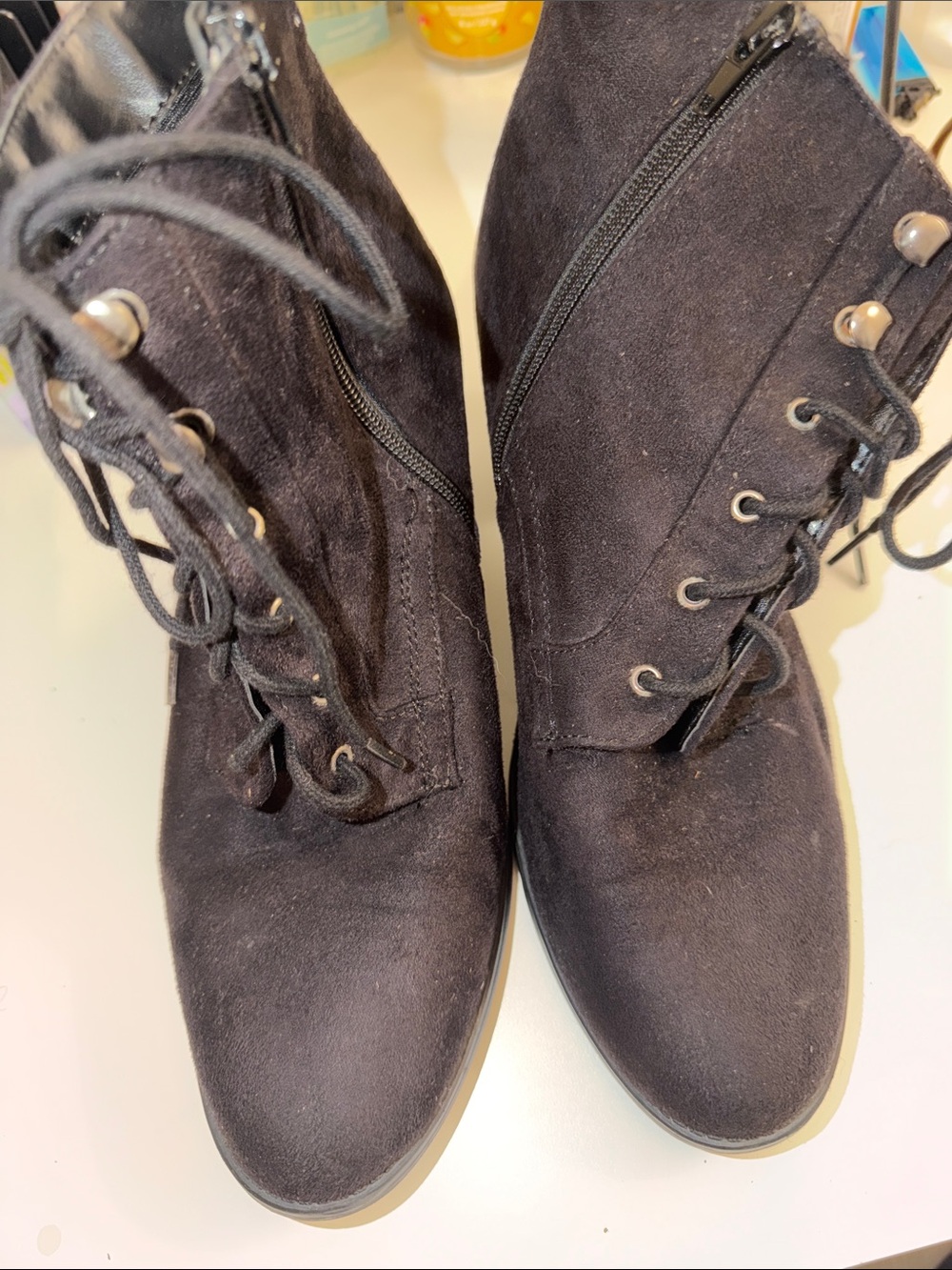 Soda Black Suede Lace-Up Ankle Boots with Side Zipper